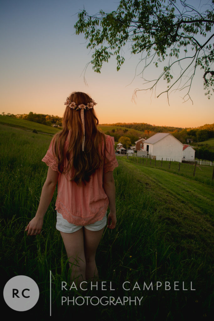 Senior portait of a young woman in a field facing away from the camera at sunset in Solon Ohio