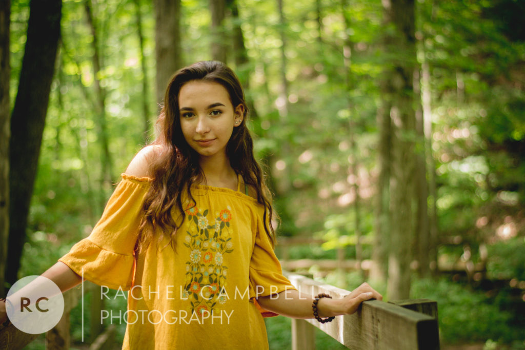 Senior portrait of a young woman standing on a bride in the woods in Solon Ohio