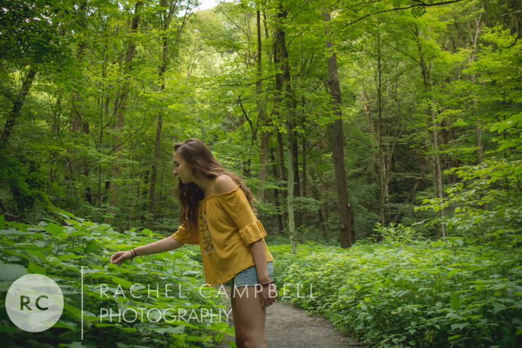 Senior photo of a young woman looking at plants in the woods in Solon Ohio.