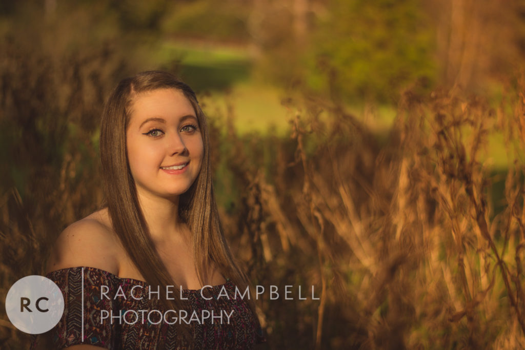 Senior portrait of a young woman sitting in front of cattails at sunset in Solon Ohio